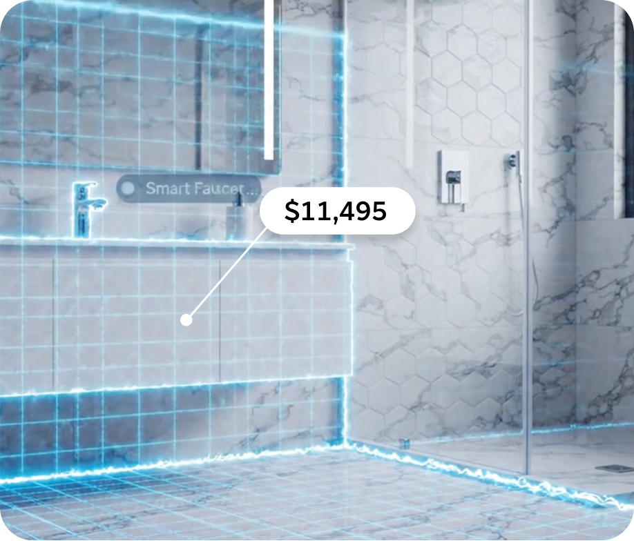 Bathroom with AI scan overlay, smart fixture tag, and quote callout